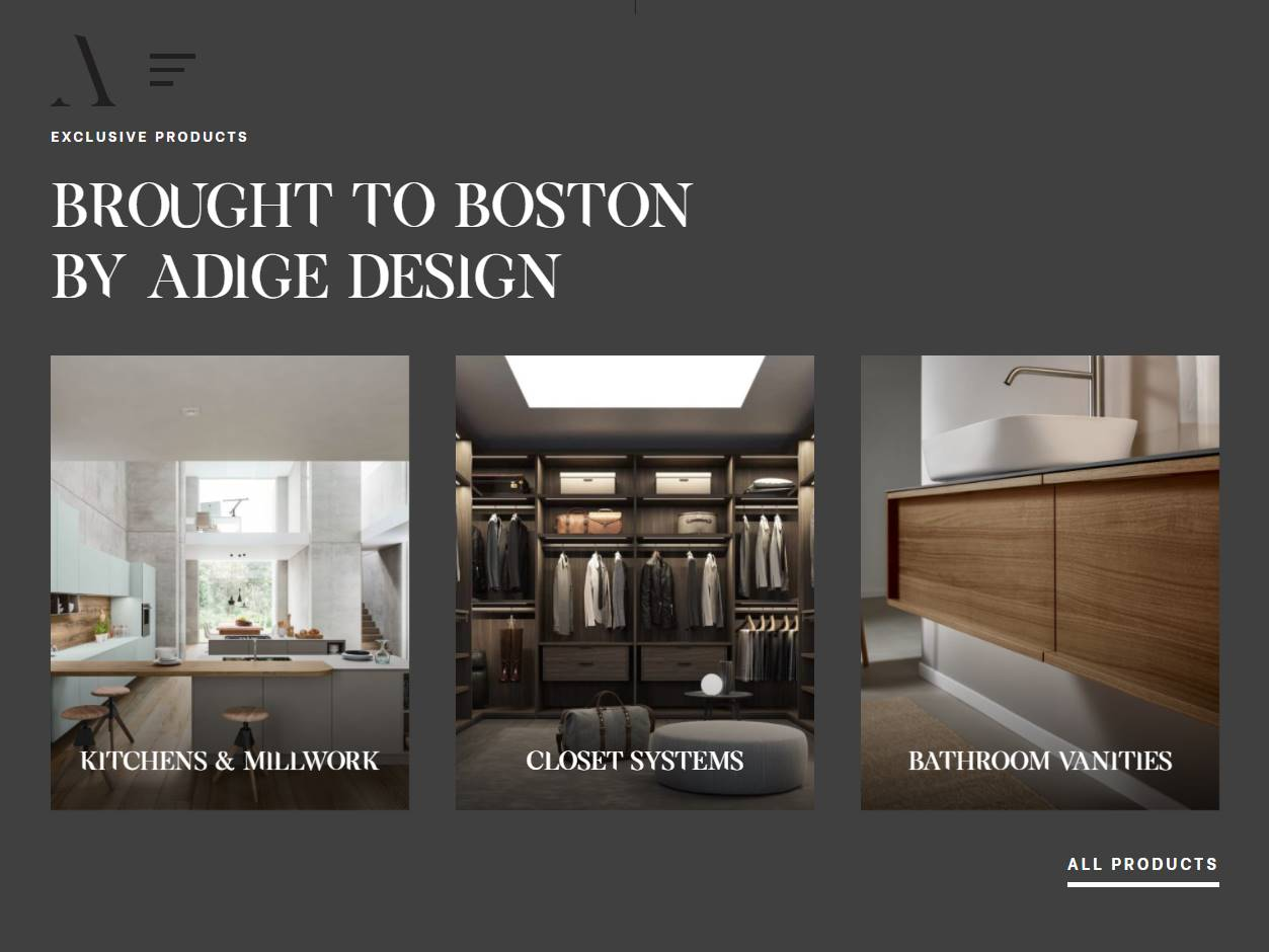 Screenshot of the Adige Design Products website