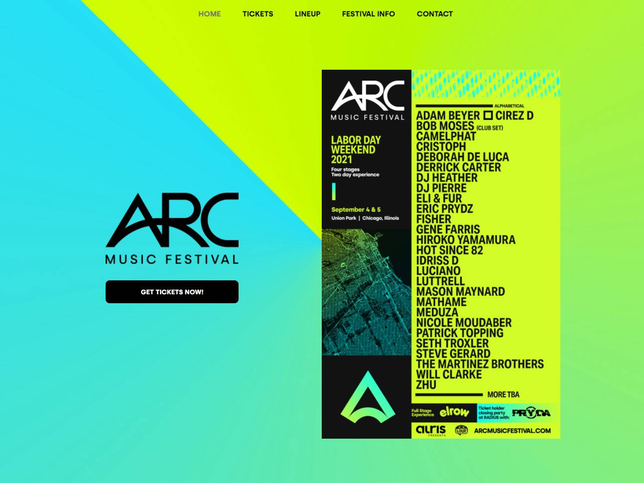 Screenshot of the ARC Music Festival Chicago: House Comes Home at Union Park website