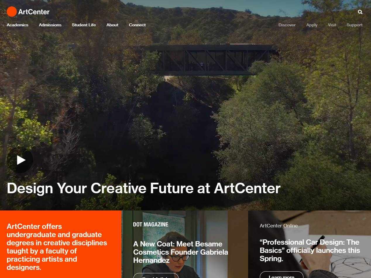 Screenshot of the ArtCenter College of Design website