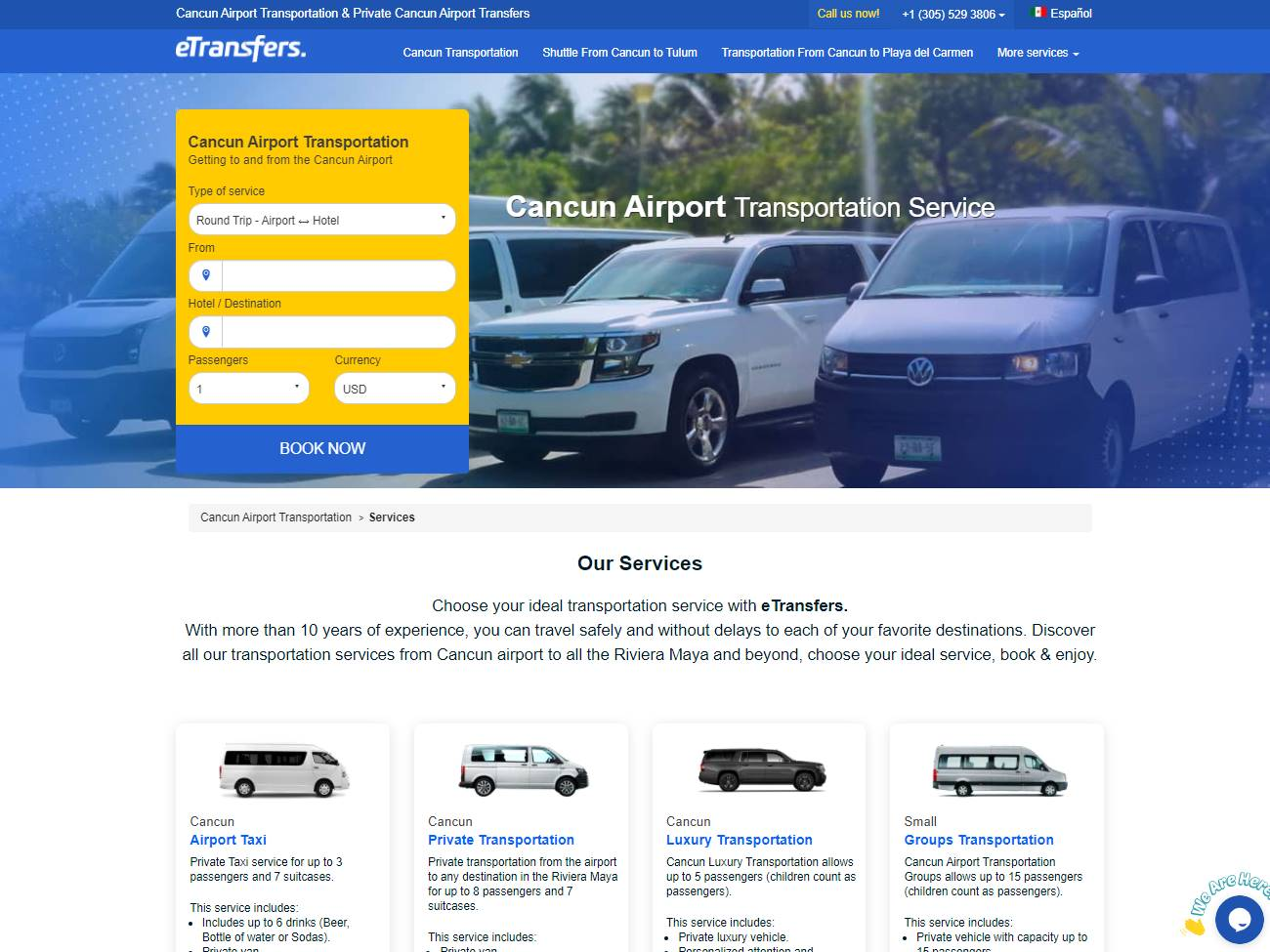 Screenshot of the Cancun Shuttle Transportation website