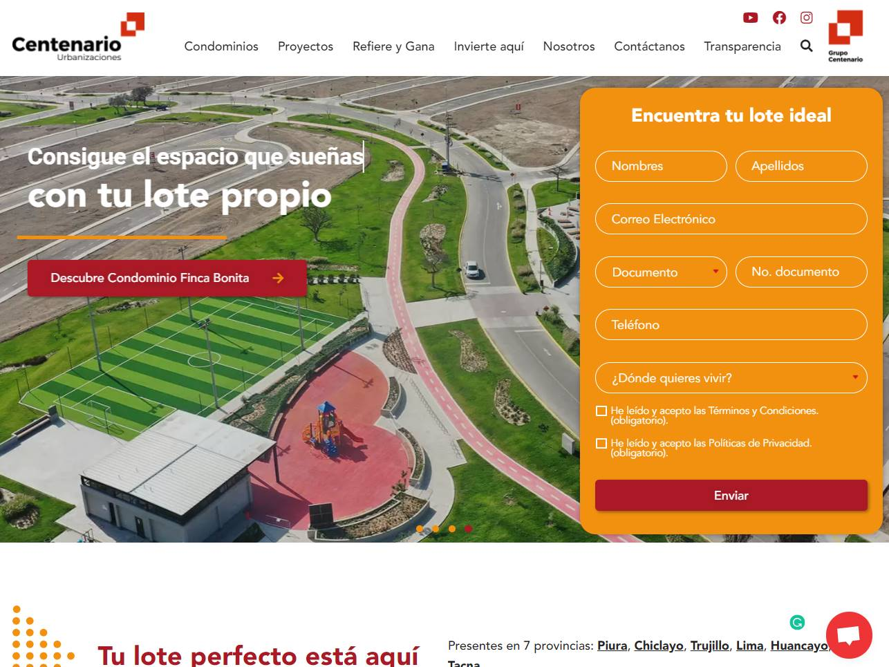 Screenshot of the Centenario Urbanizaciones website