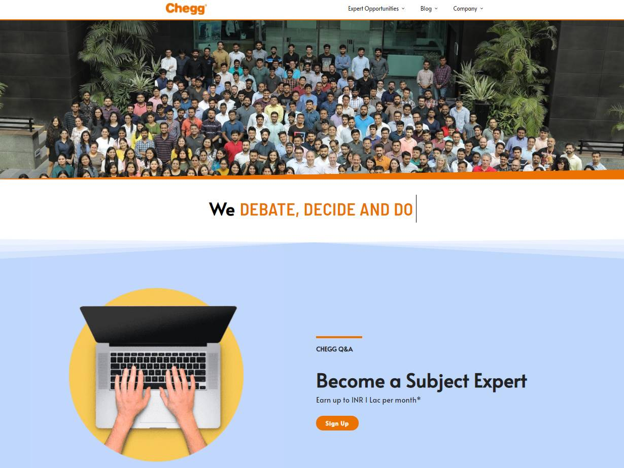 Screenshot of the Chegg India: Remote Expert Work and Career Resources website