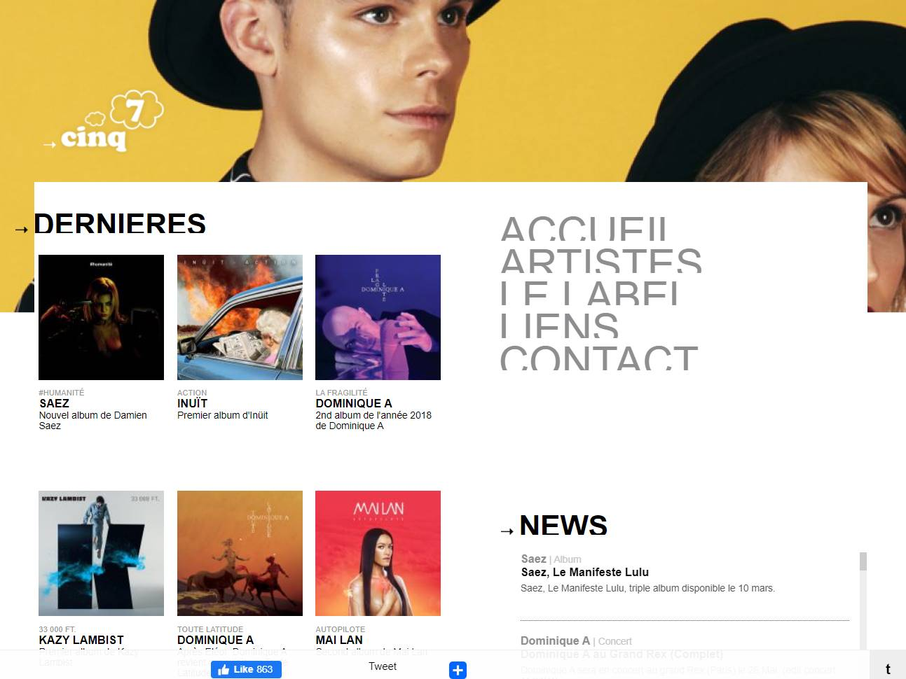 Screenshot of the Cinq7 Music Label website