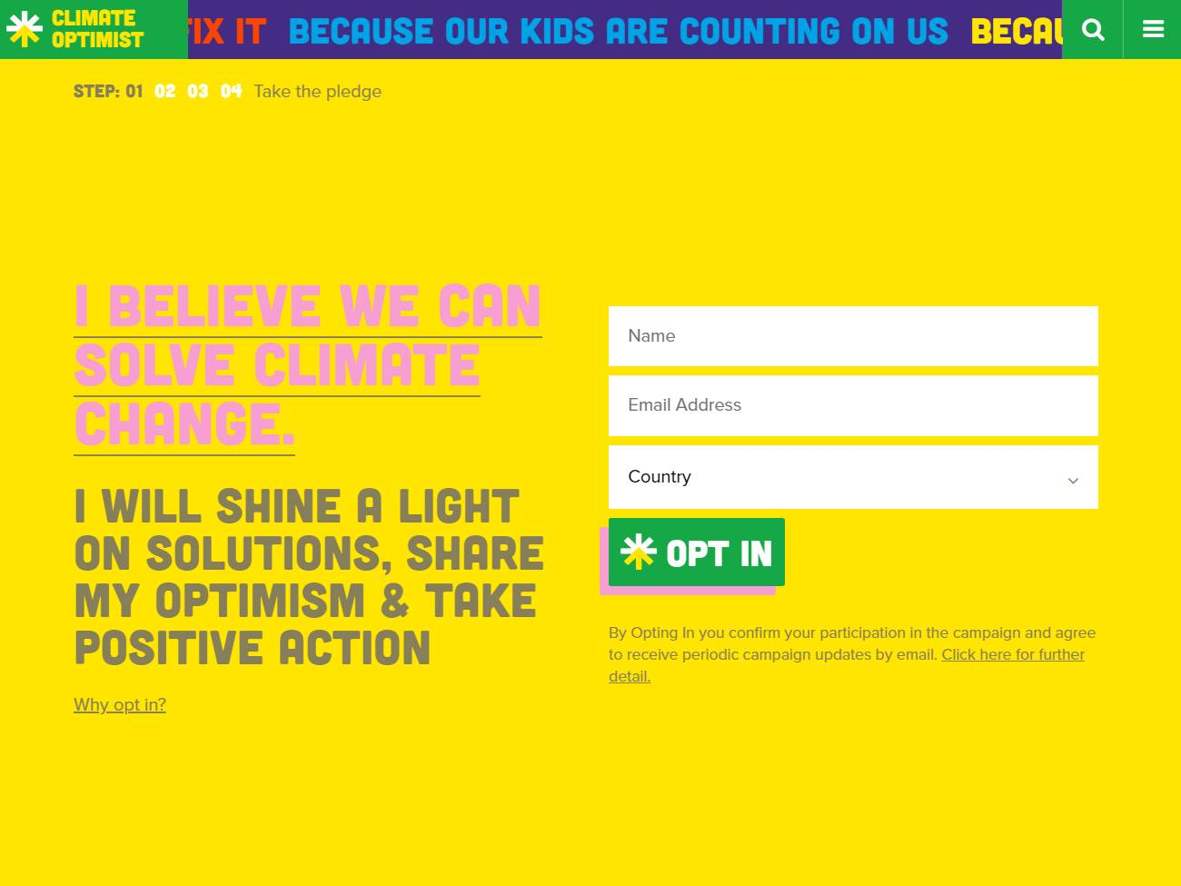 Screenshot of the Climate Optimists website