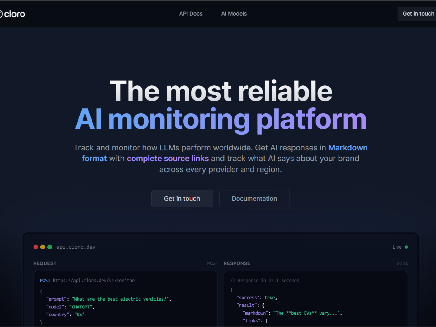 Screenshot of the Cloro website
