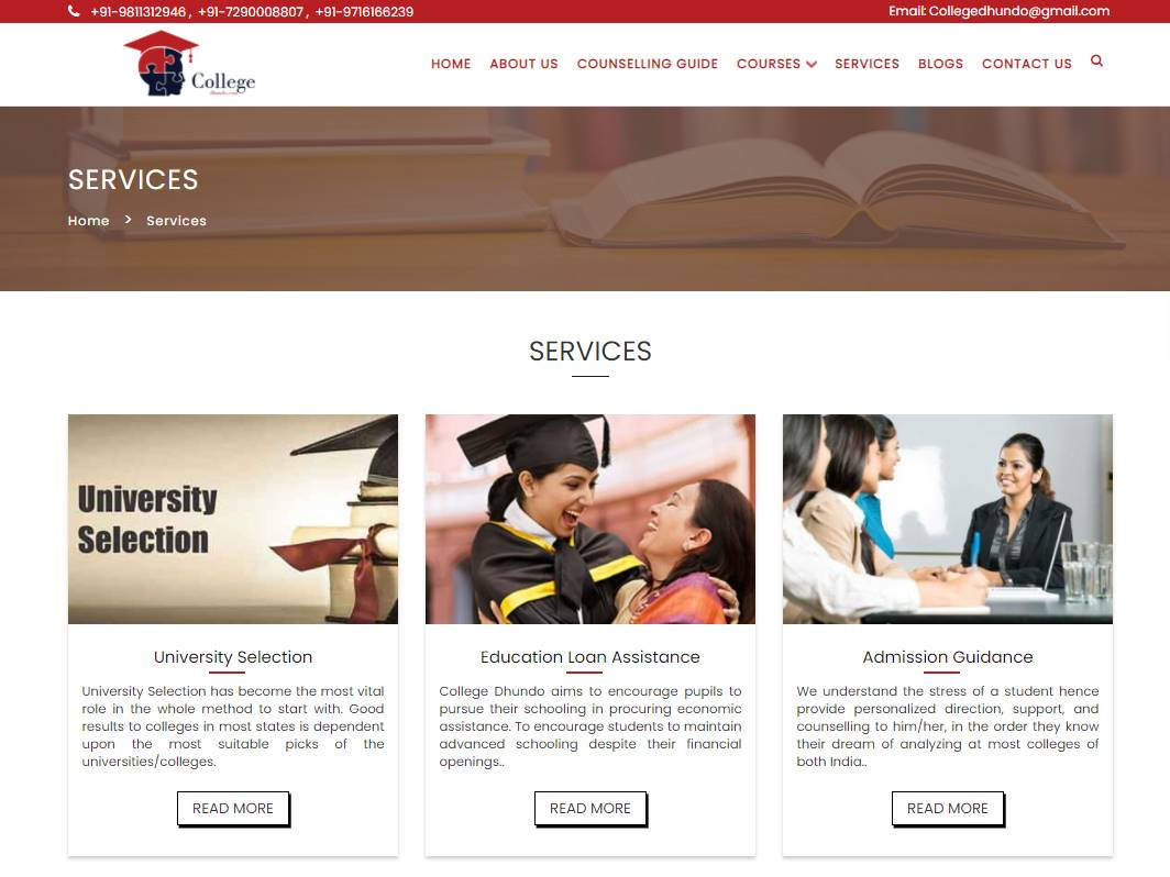 Screenshot of the Collegedhundo Services website