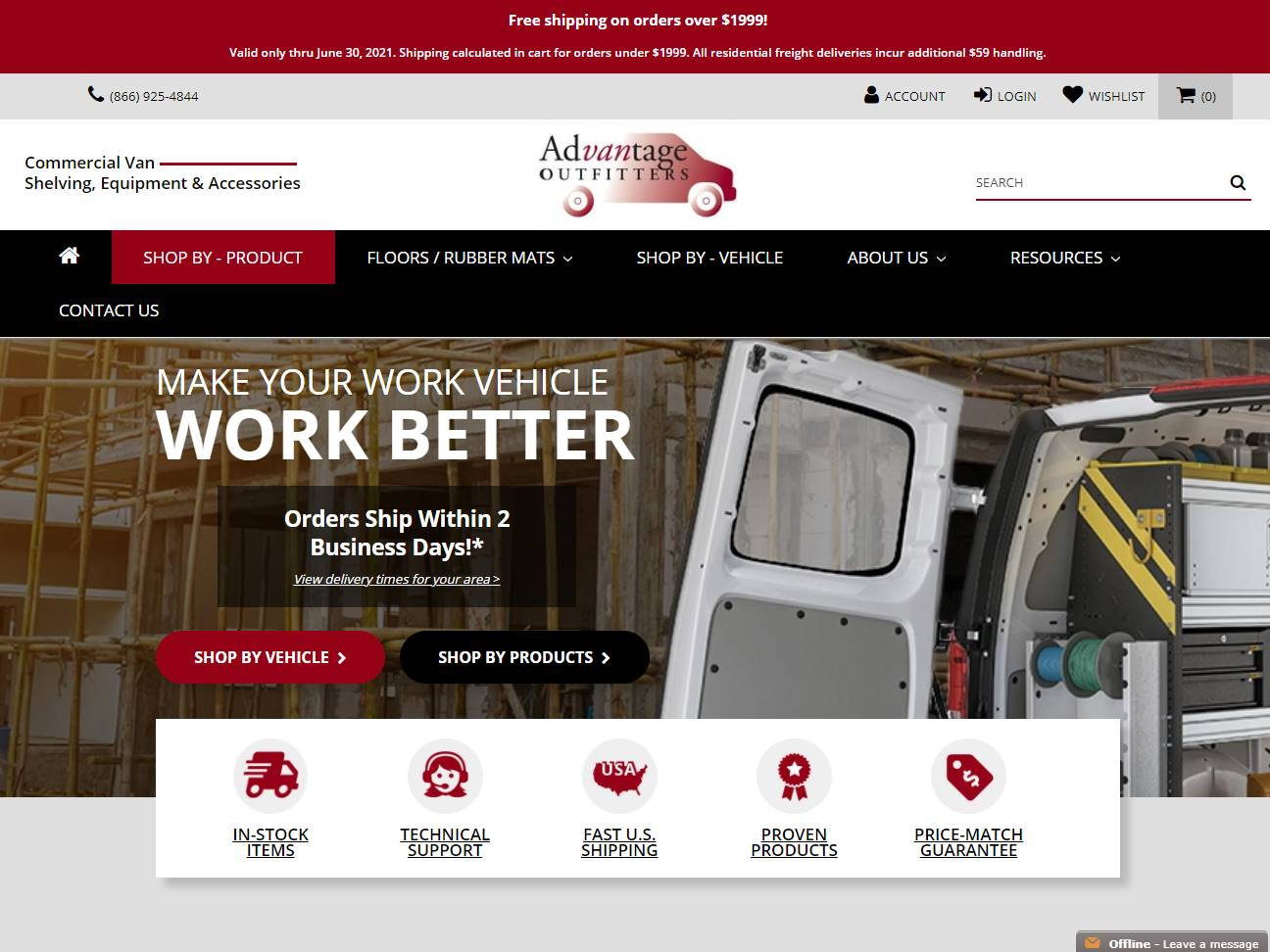Screenshot of the Commercial Van Shelving: Advantage Outfitters’ Work Van Equipment Store website