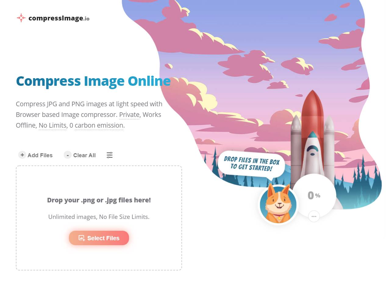 Screenshot of the Compress Image IO: A Browser Workspace for Smaller Images website