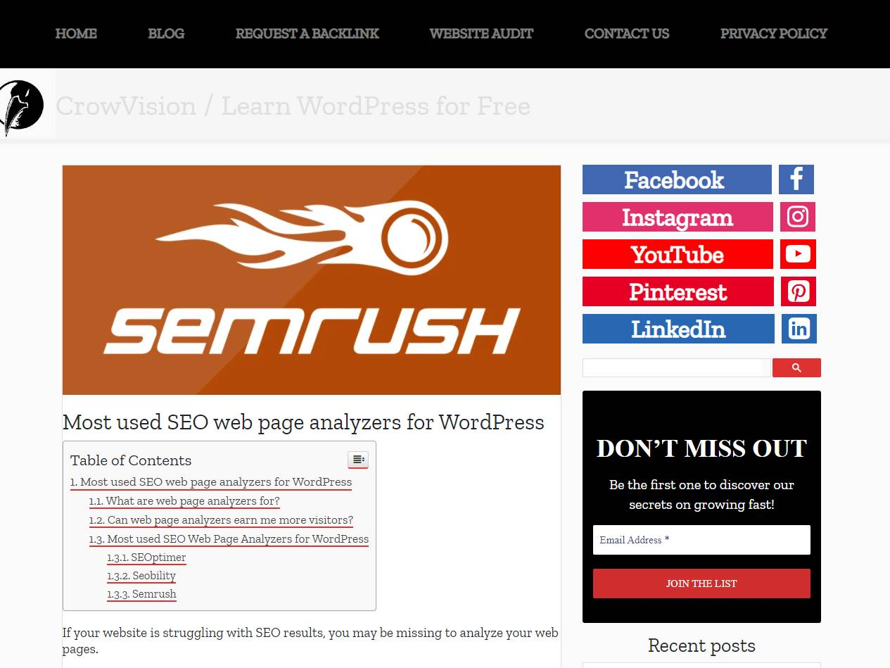 Screenshot of the CrowVision Blog Post website