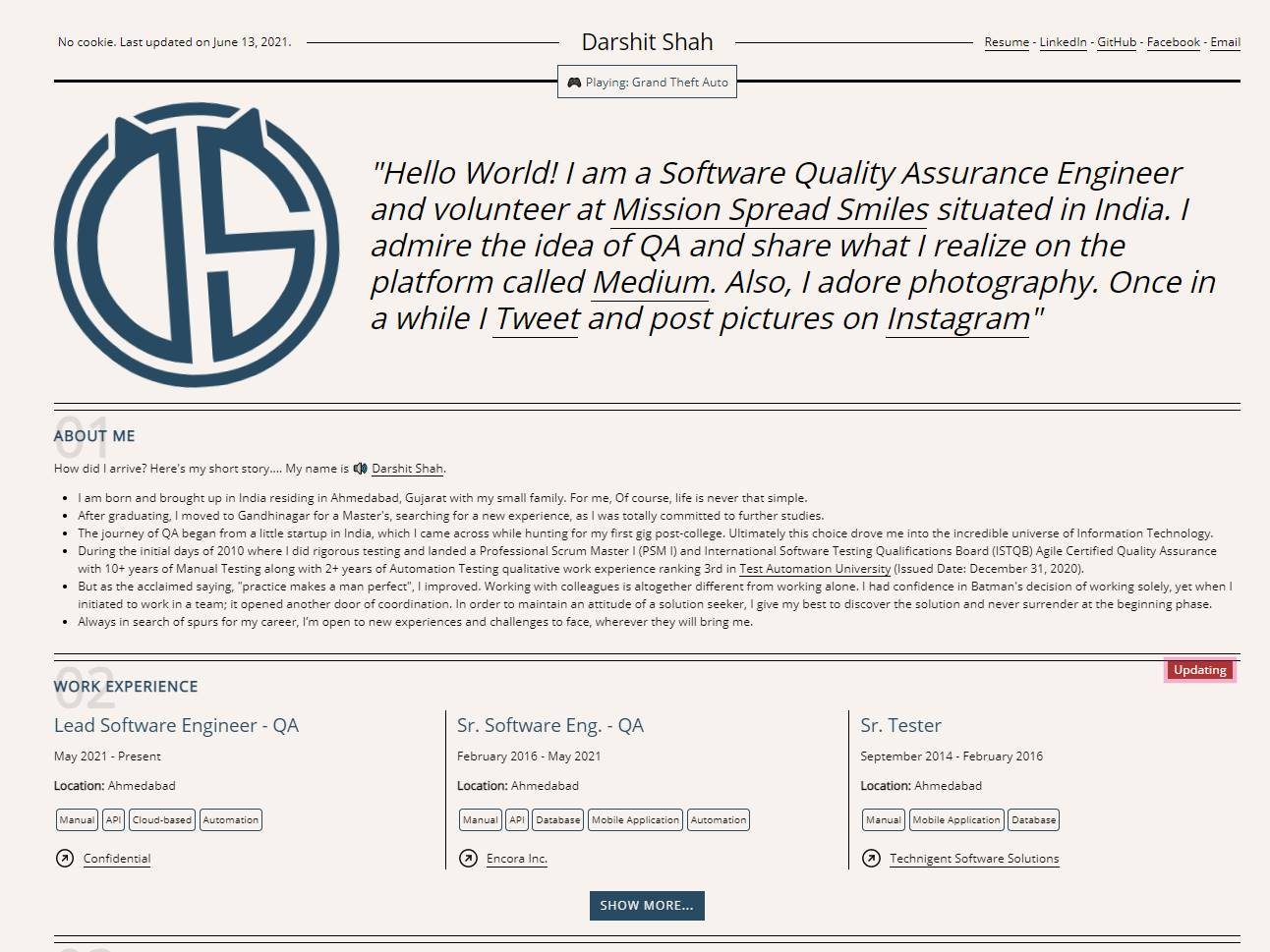 Screenshot of the Darshit Shah Portfolio: Software QA and Test Automation website