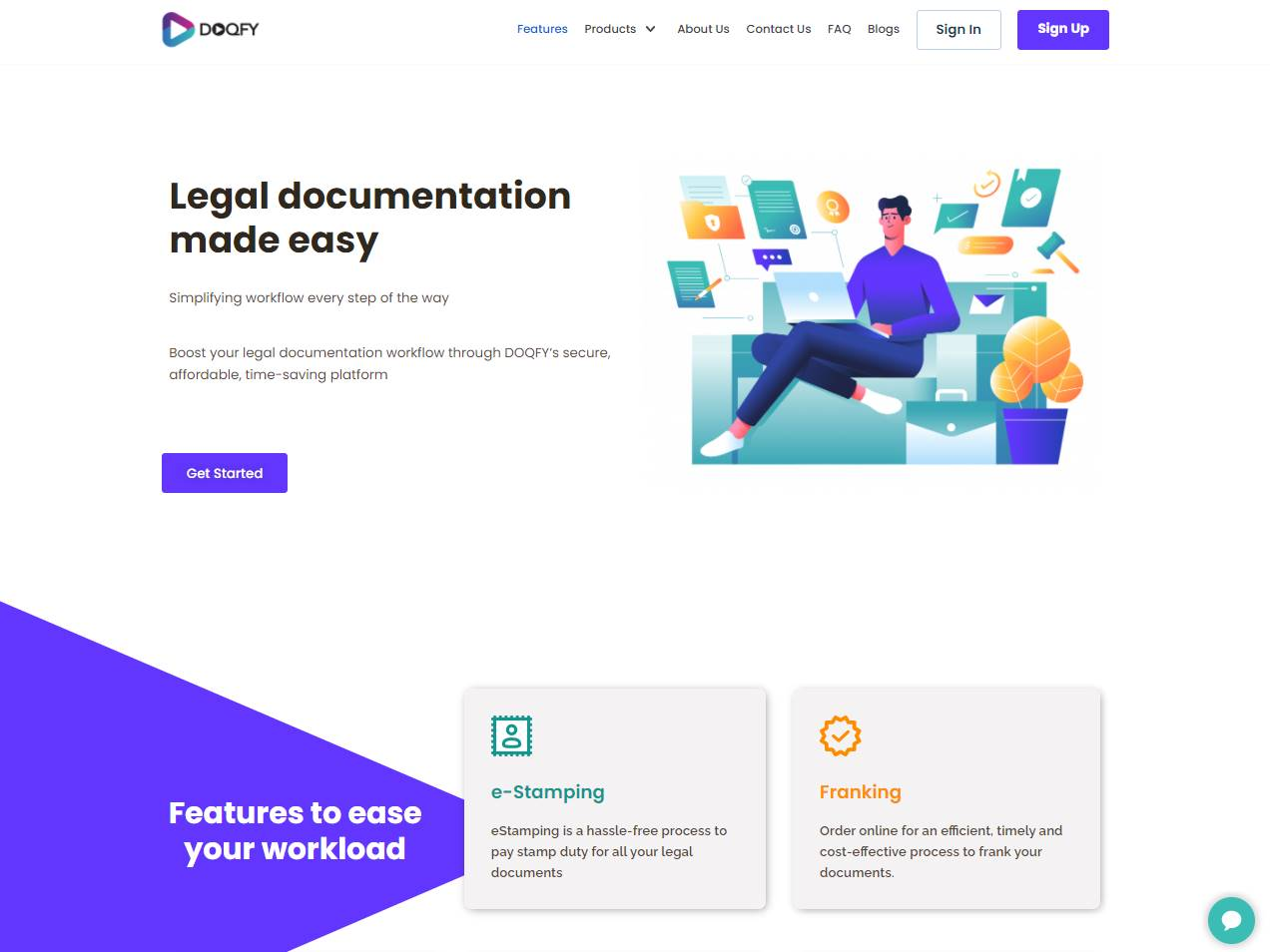 Screenshot of the Doqfy: eStamping and Contract Lifecycle Management in India website