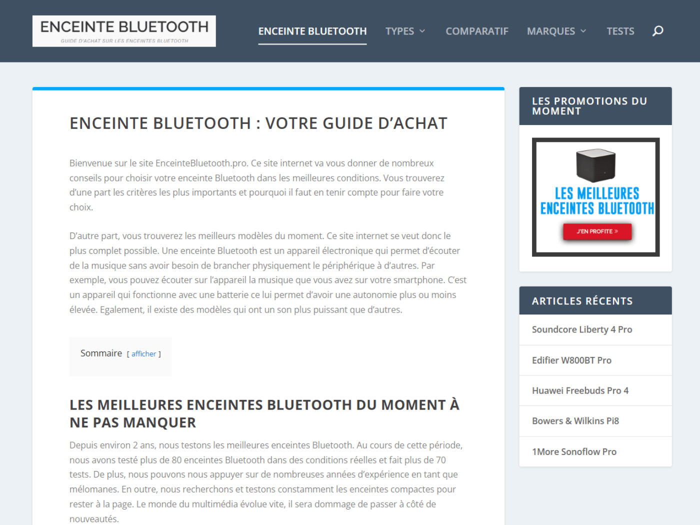 Screenshot of the Enceinte Bluetooth website