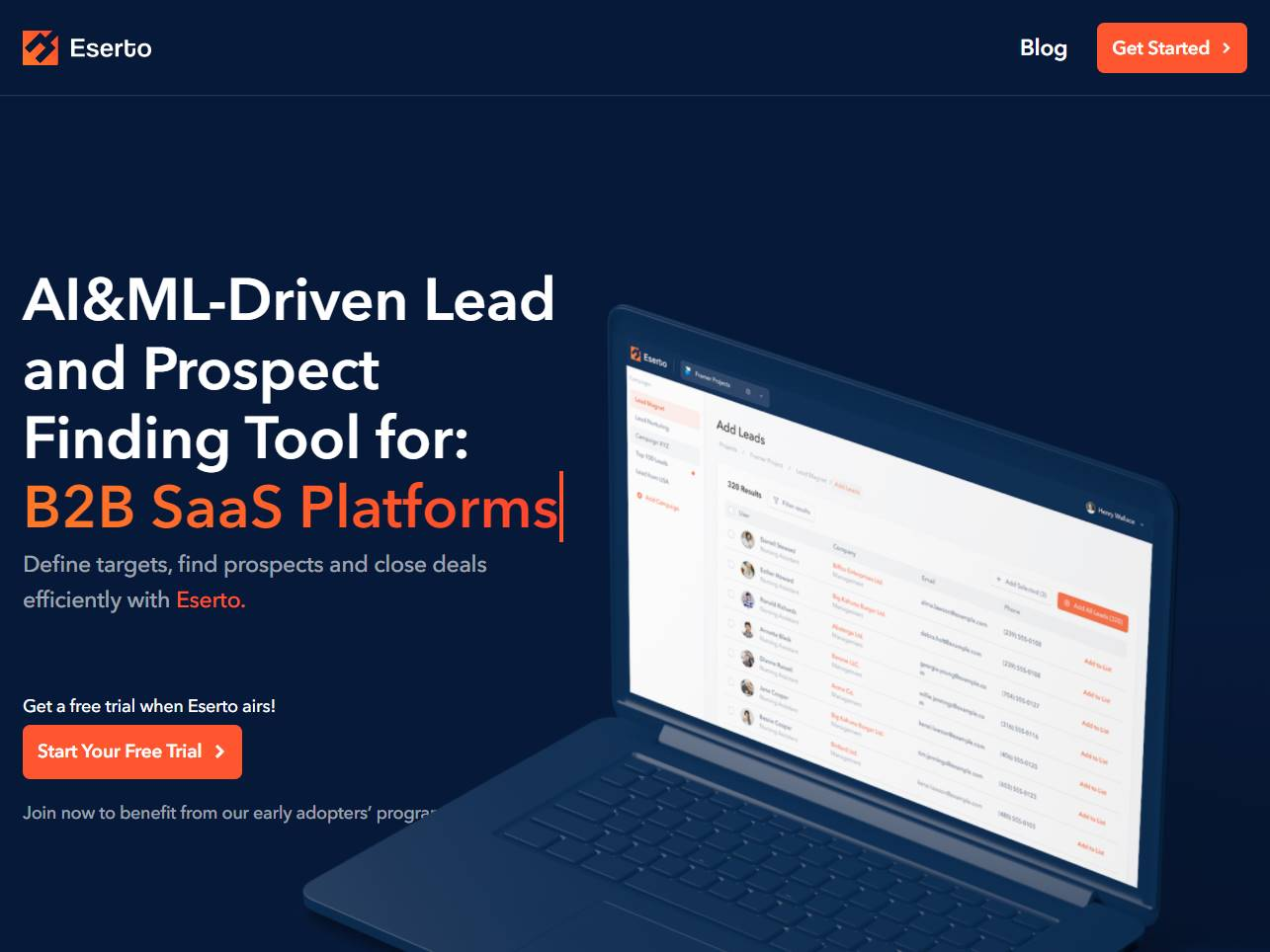 Screenshot of the Eserto Lead Generation Tool: An Early Access Sales Workflow website