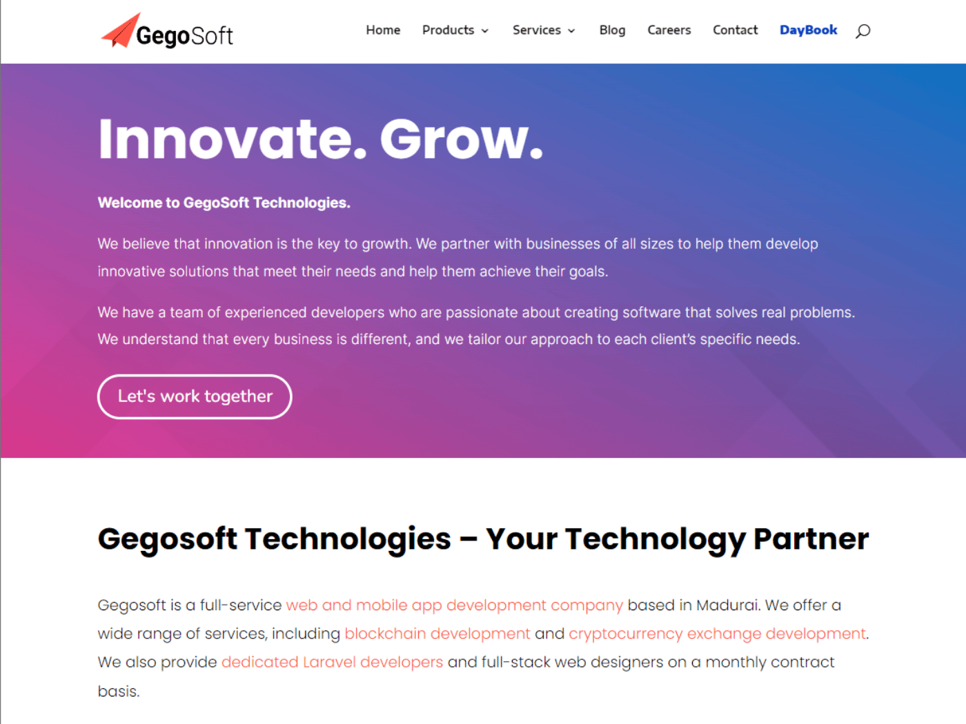 Screenshot of the Gegosoft Technologies – Your Technology Partner website