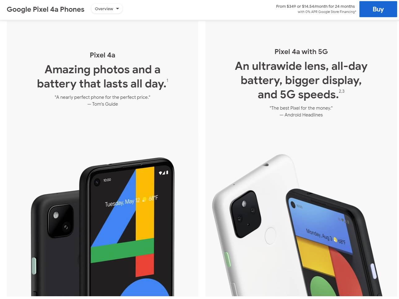 Screenshot of the Google Pixel 4a website