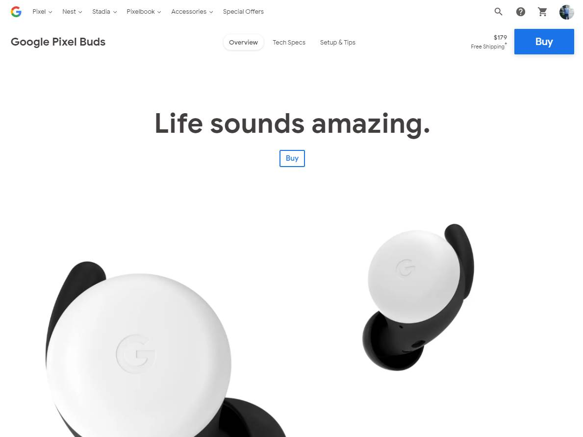 Screenshot of the Google Pixel Buds website