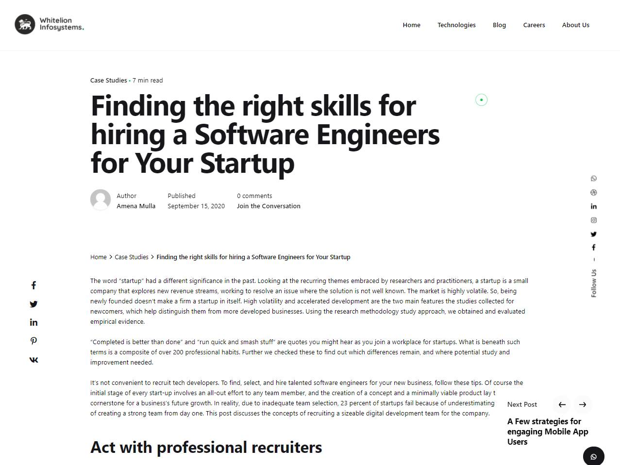 Screenshot of the Hiring Software Engineers website