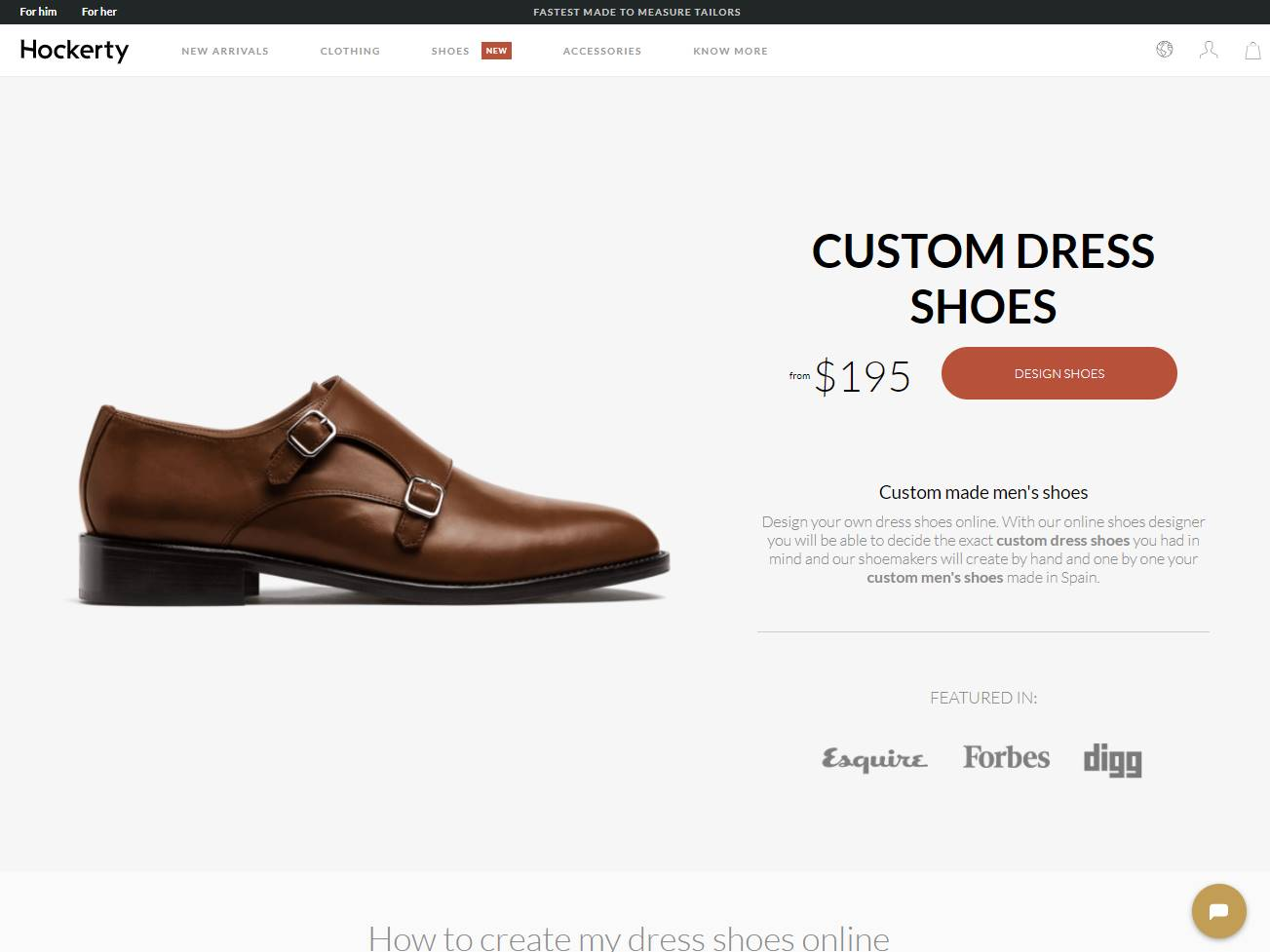 Screenshot of the Hockerty Custom Dress Shoes website