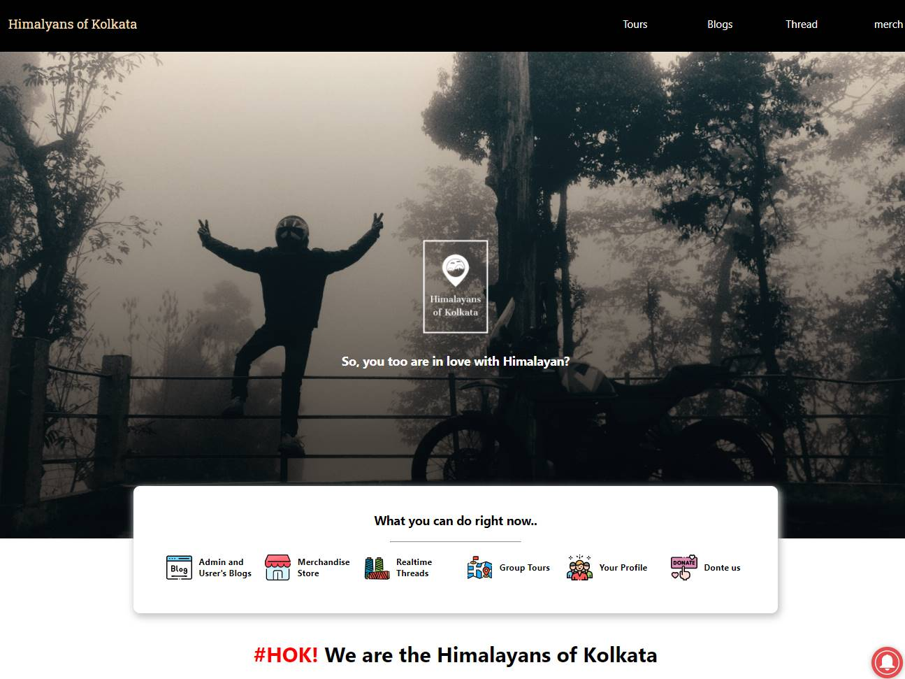 Screenshot of the HOK Deploy: Himalayans of Kolkata Motorcycle Community website