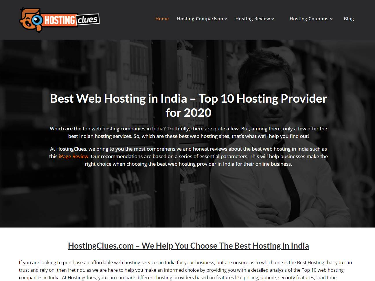 Screenshot of the HostingClues website