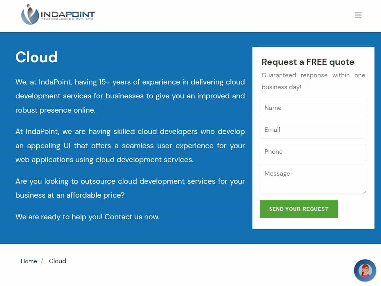 Screenshot of the Indapoint cloud tech website