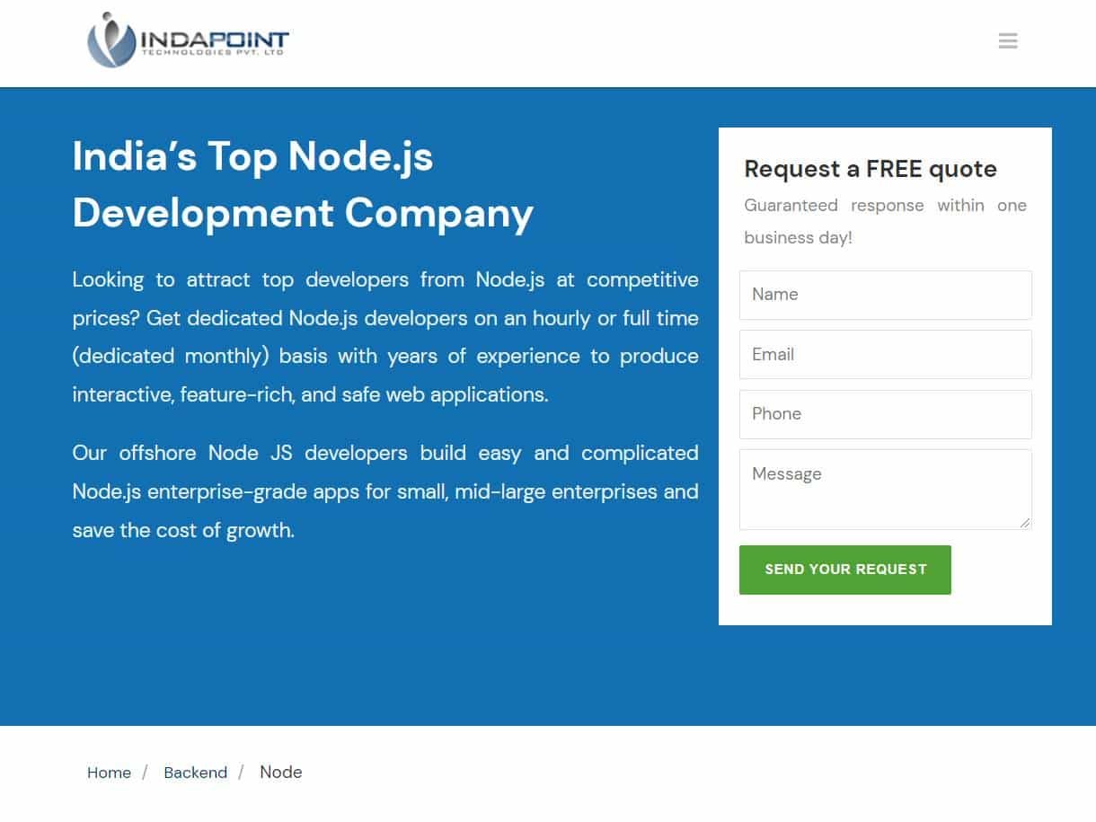 Screenshot of the Indapoint Node JS website