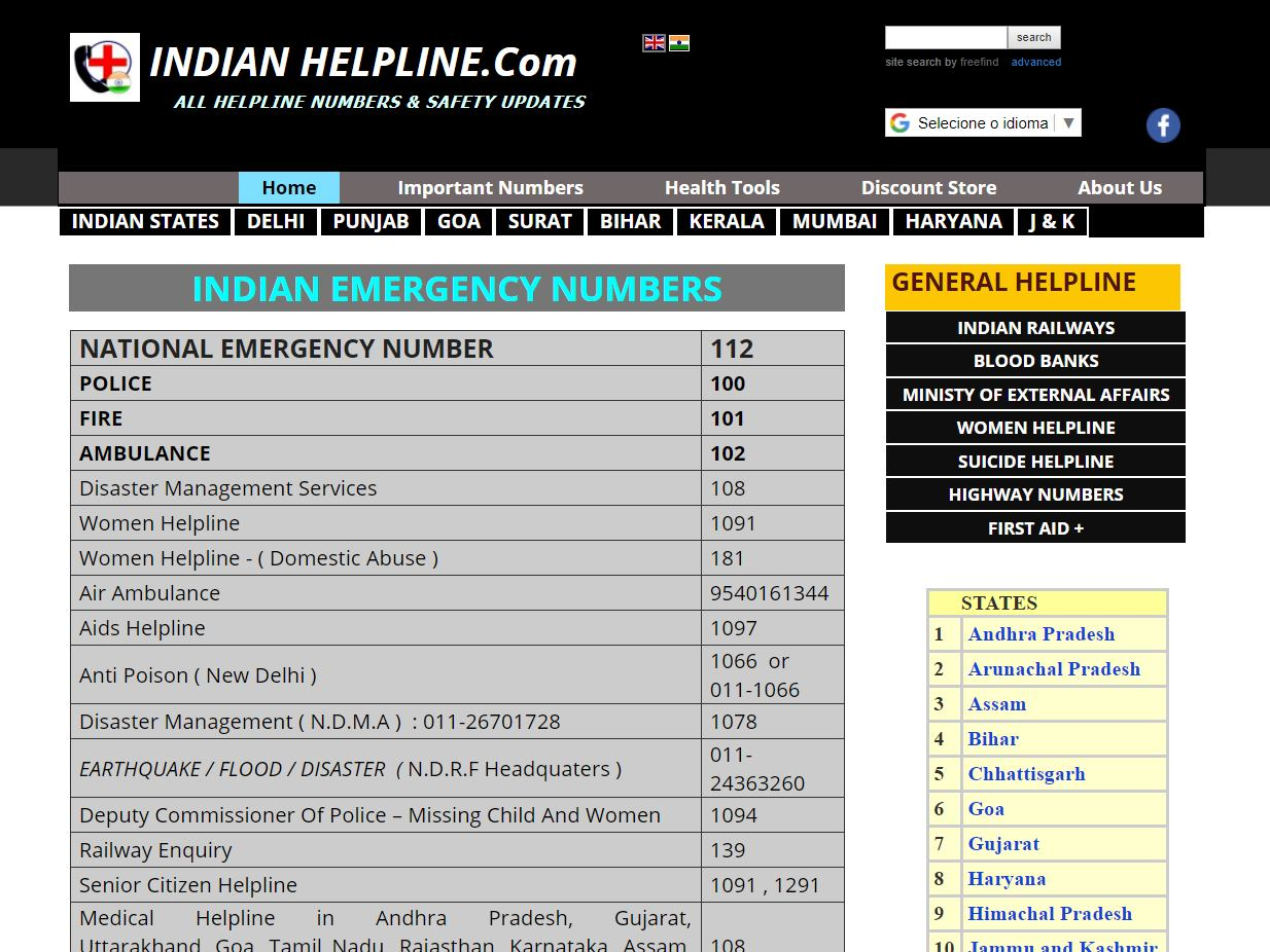 Screenshot of the Indian Helpline website