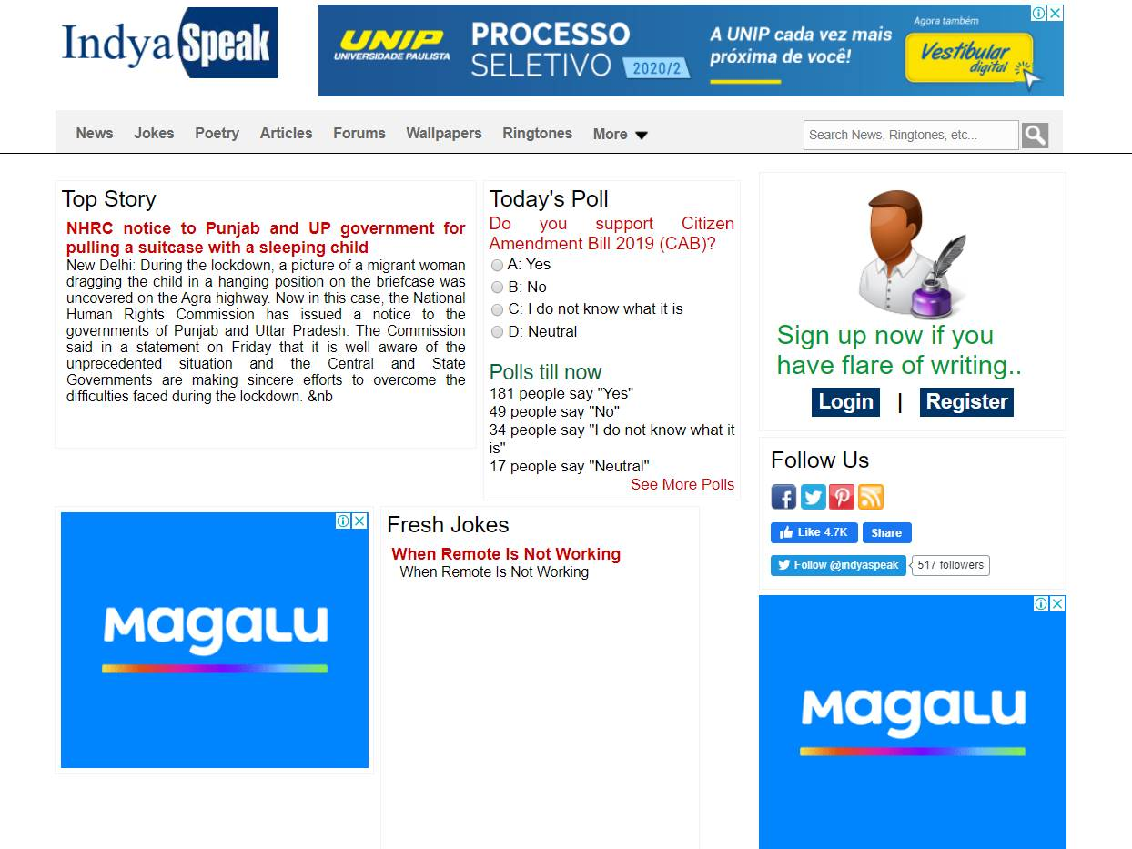 Screenshot of the Indyaspeak website