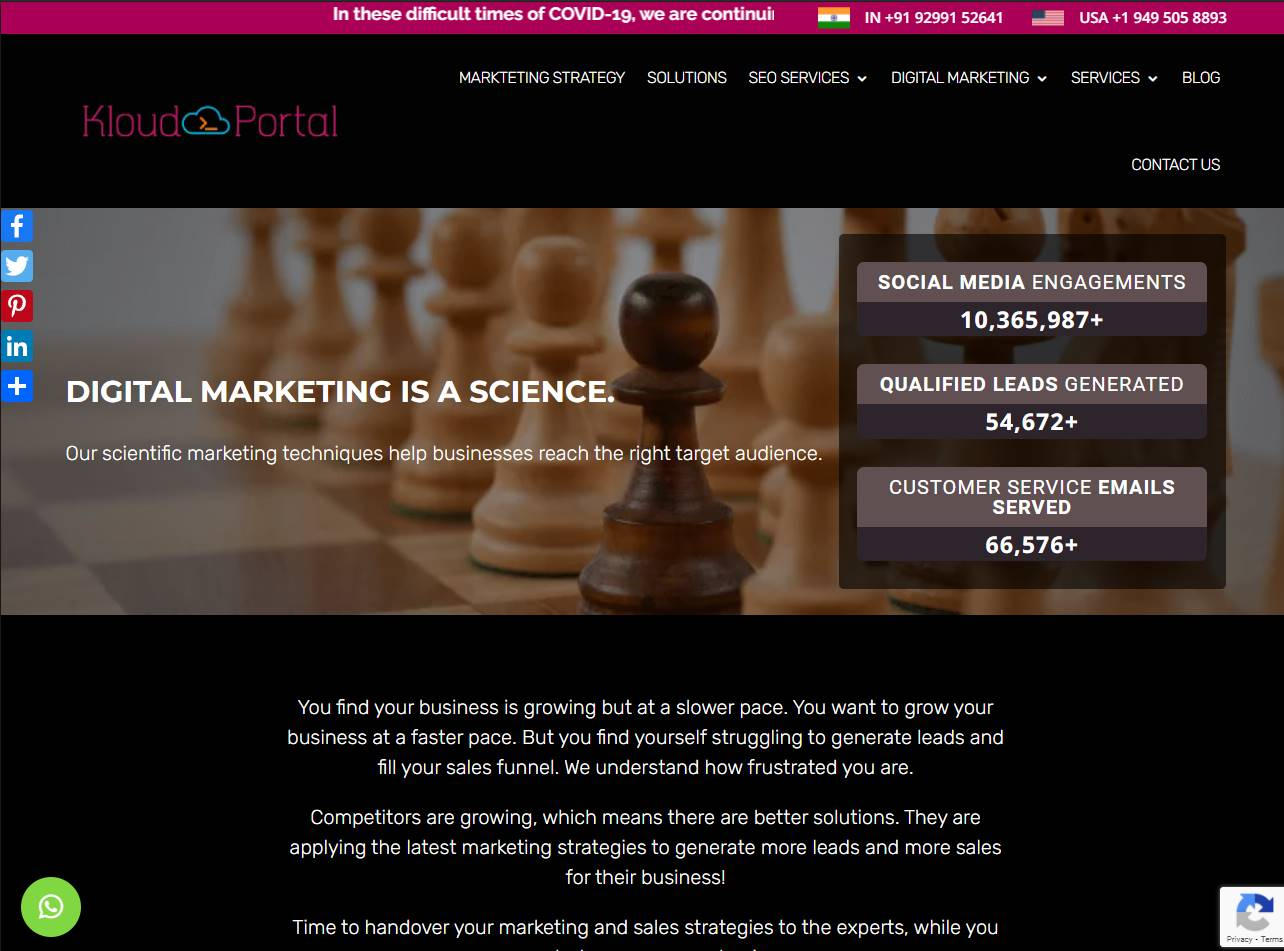 Screenshot of the KloudPortal: Data Engineering, AI and Cloud Services in India website