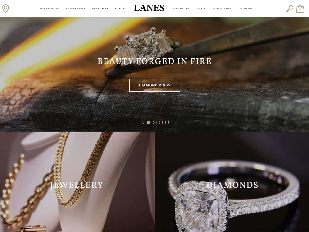 Screenshot of the Lanes Jewellery website