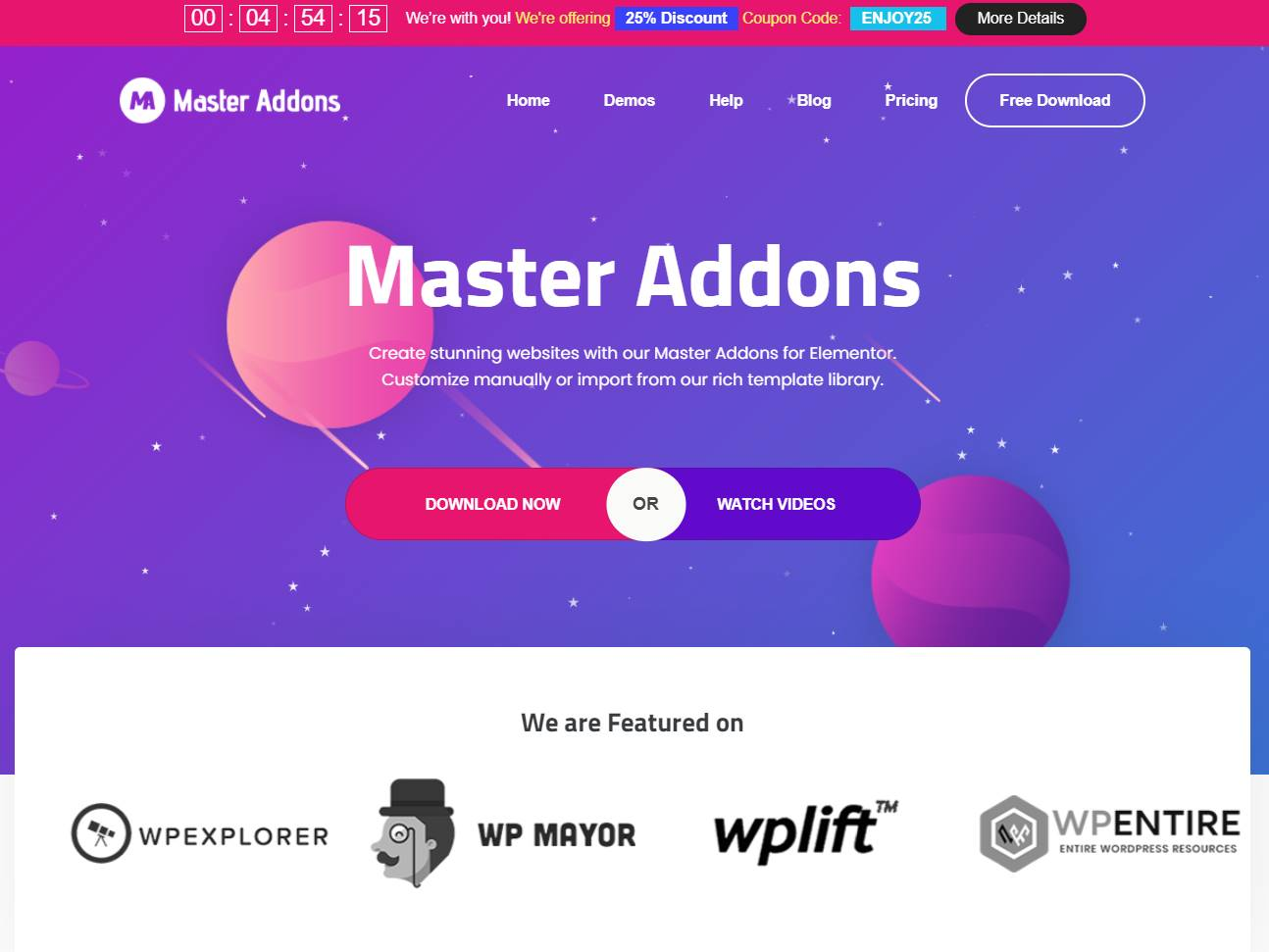 Screenshot of the Master Addons website