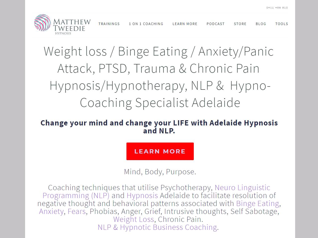 Screenshot of the Matthew Tweedie Hypnosis website