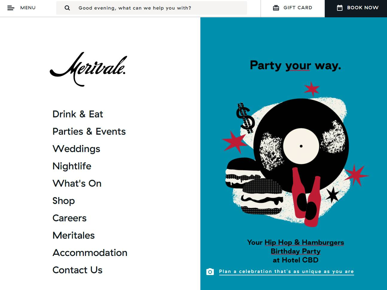 Screenshot of the Merivale website