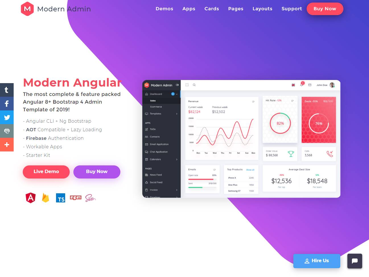 Screenshot of the Modern Admin Angular 8+ Bootstrap 4 website
