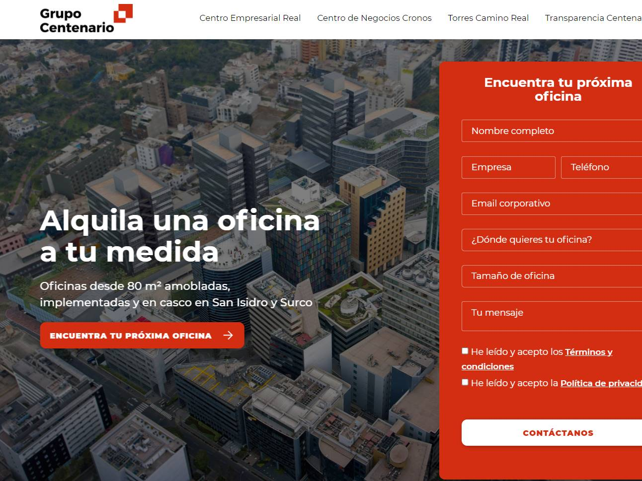 Screenshot of the Oficinas Centenario website
