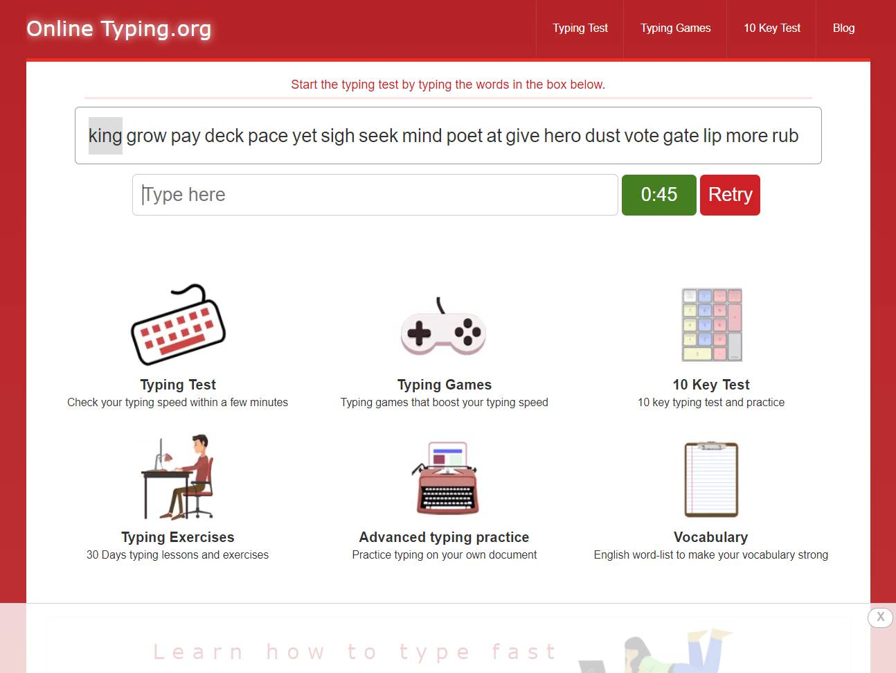 Screenshot of the Online Typing website
