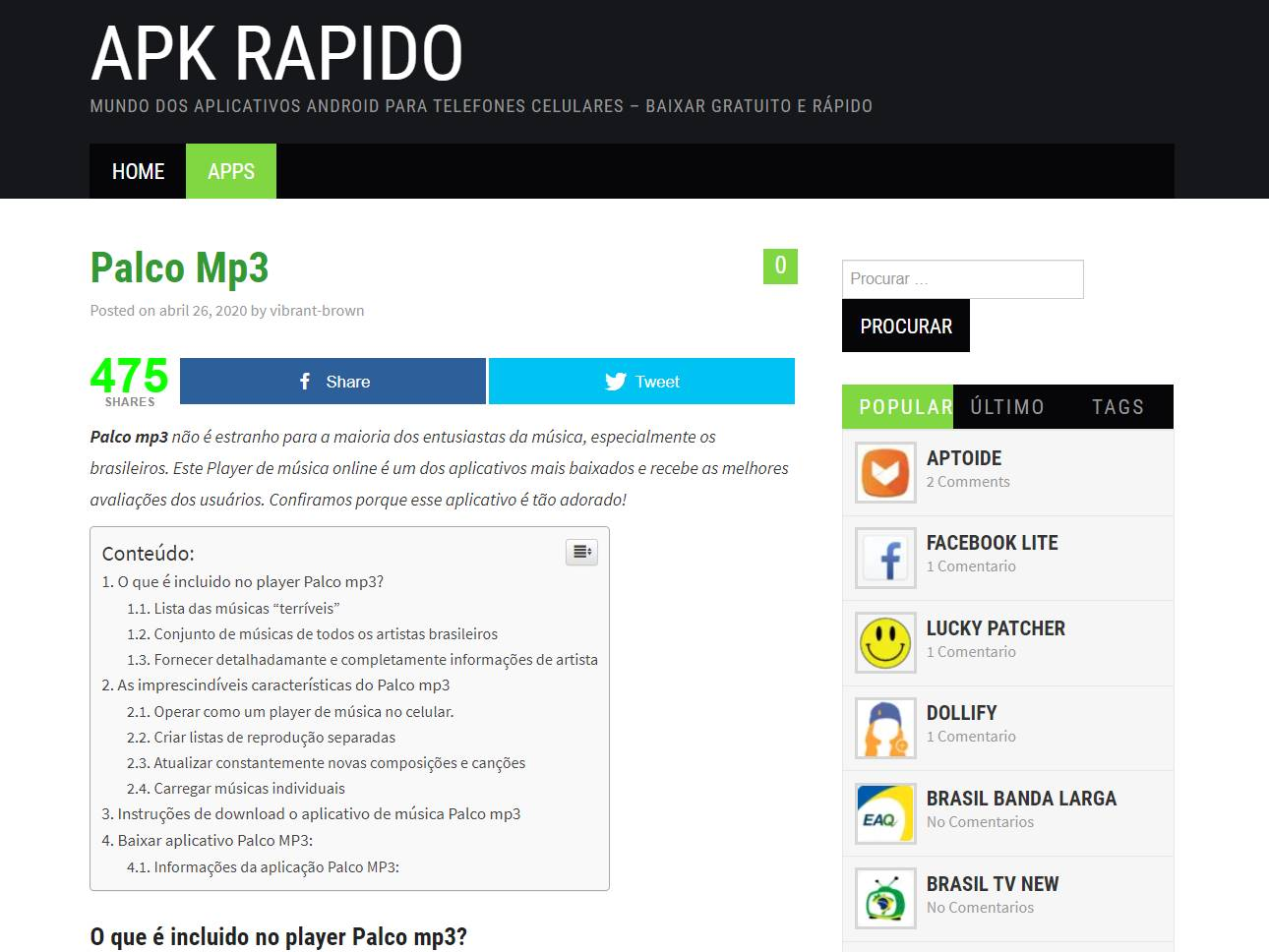 Screenshot of the Palco mp3 APK website