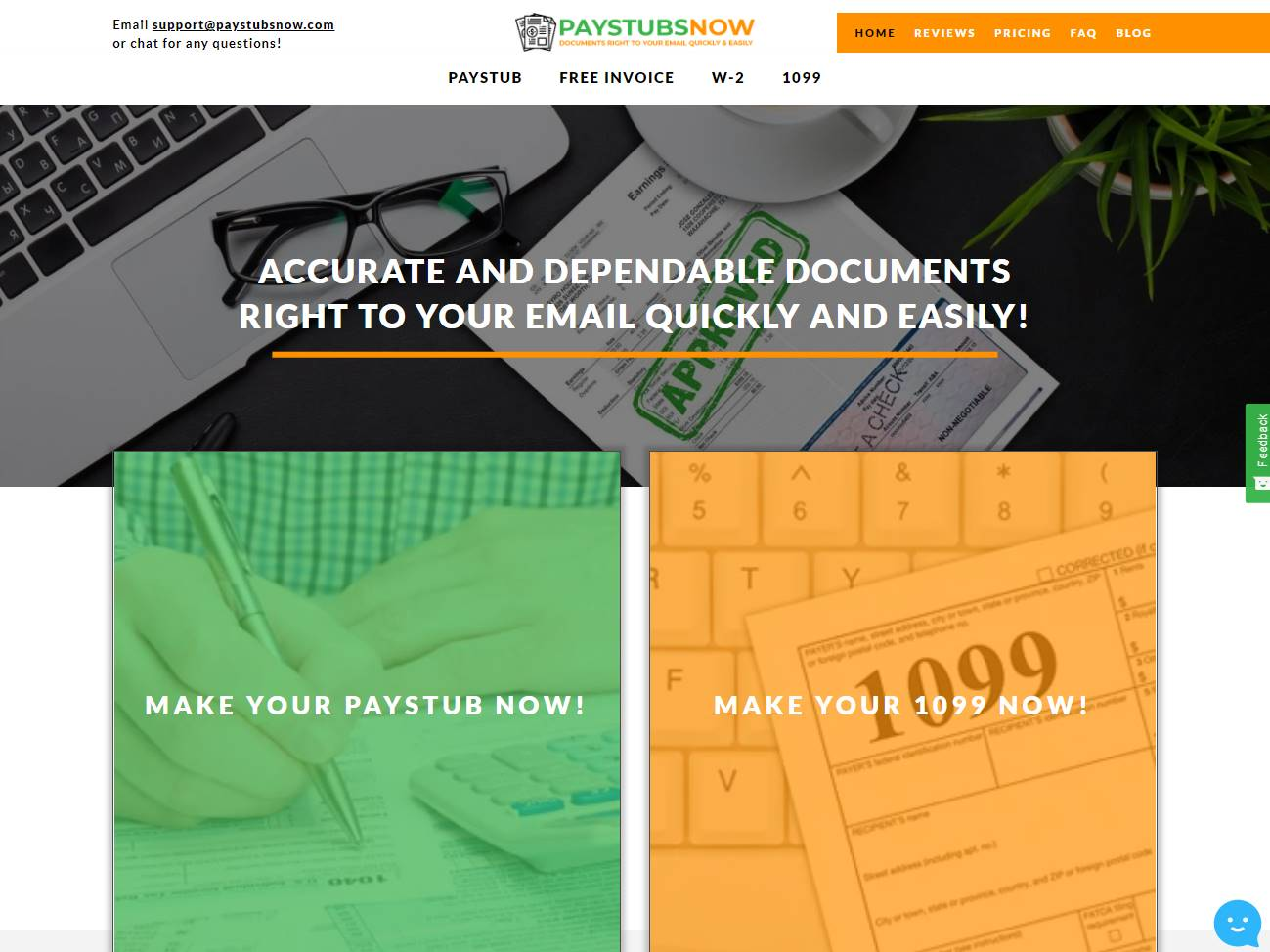 Screenshot of the PayStubsNow: Online Paystub Generator and Payroll Documents website