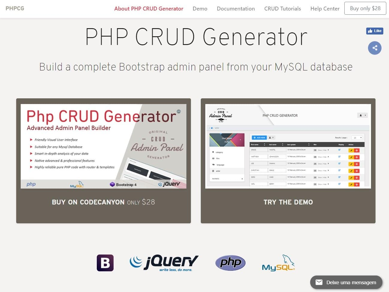 Screenshot of the PHP CRUD Generator website
