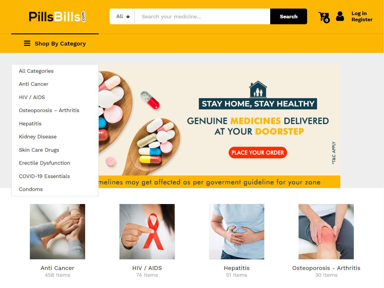Screenshot of the PillsBills Online Pharmacy website