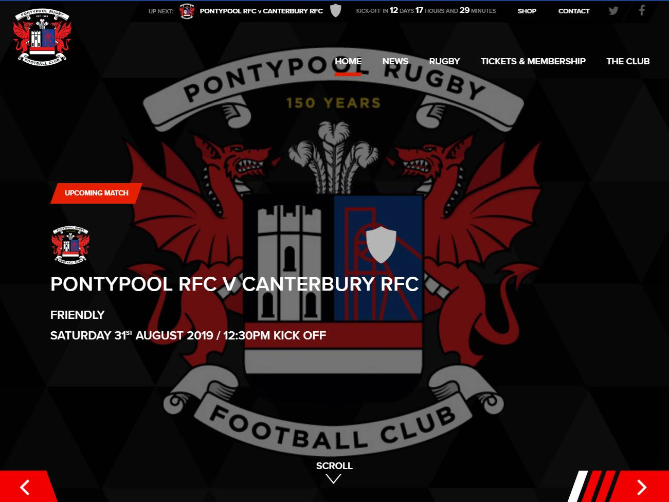 Screenshot of the Pontypool Rugby Club website