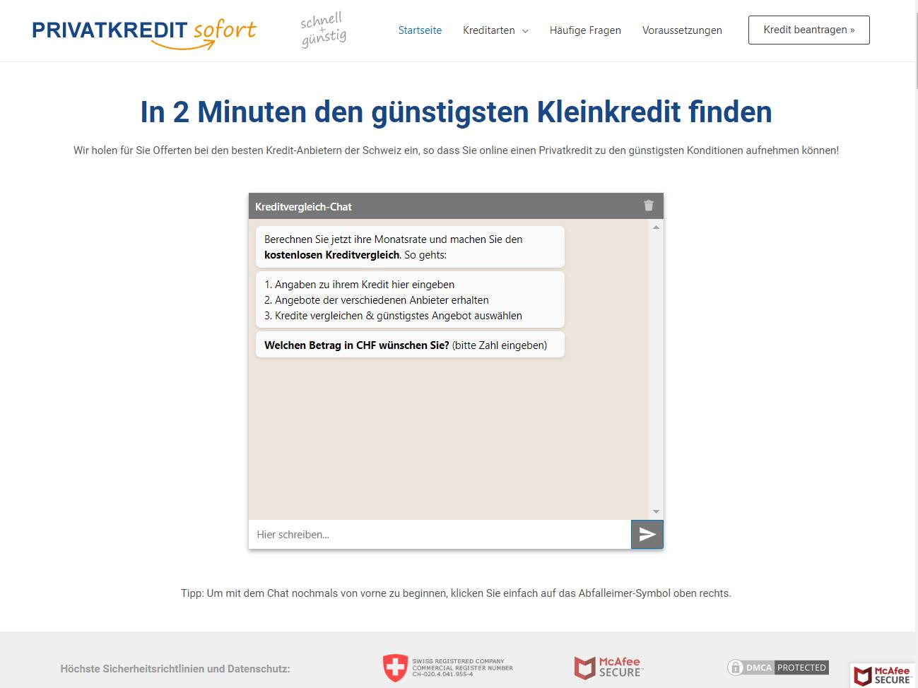 Screenshot of the privatkreditsofort website