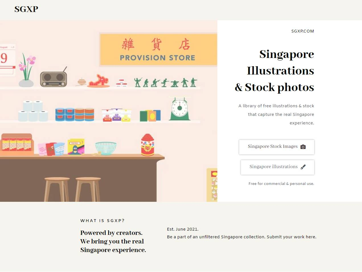Screenshot of the SGXP Singapore Stock Photos and Illustrations: A Local Visual Library website
