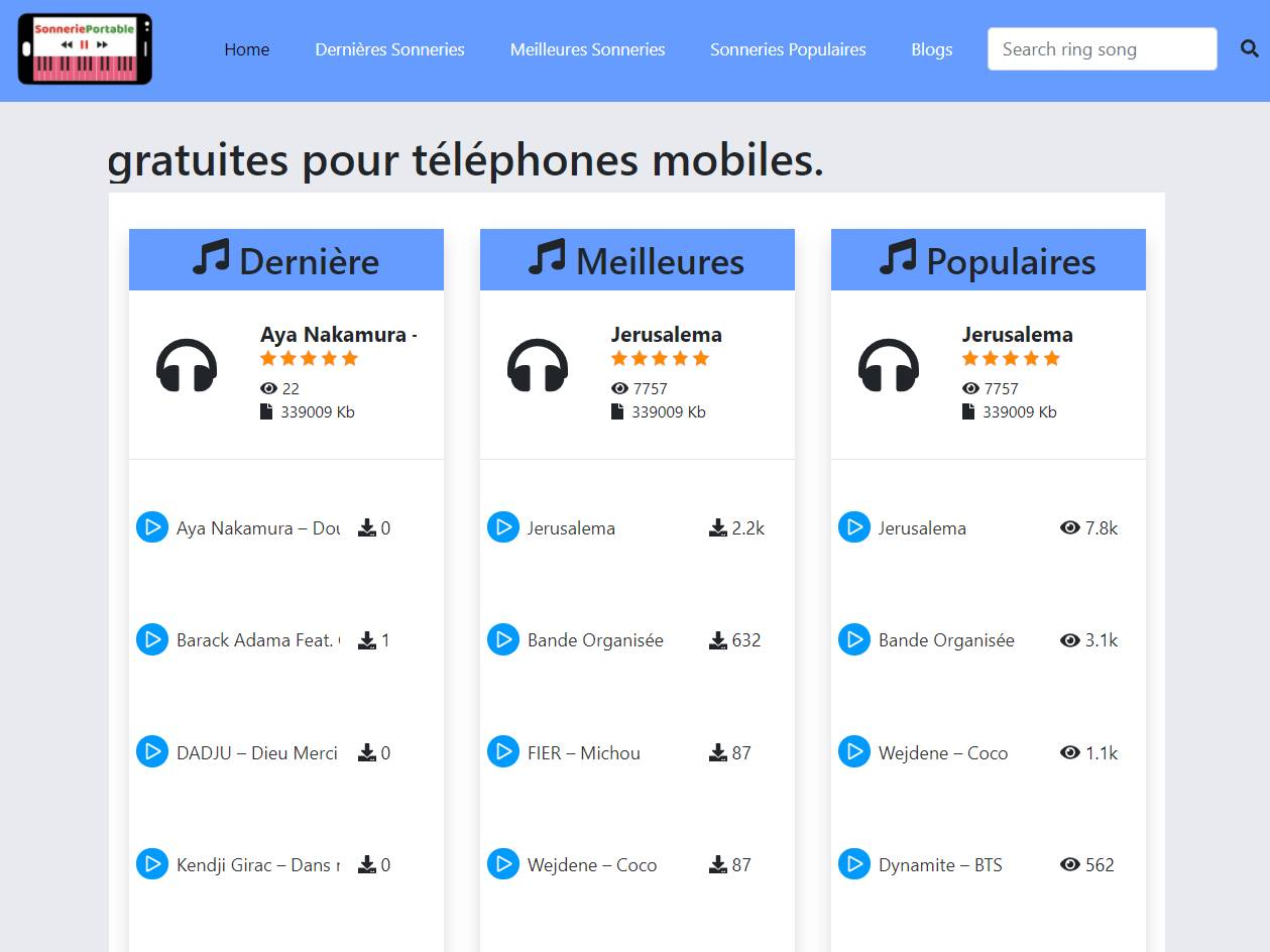Screenshot of the Sonnerie Portable website