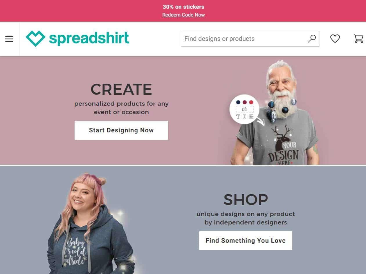 Screenshot of the Spreadshirt website