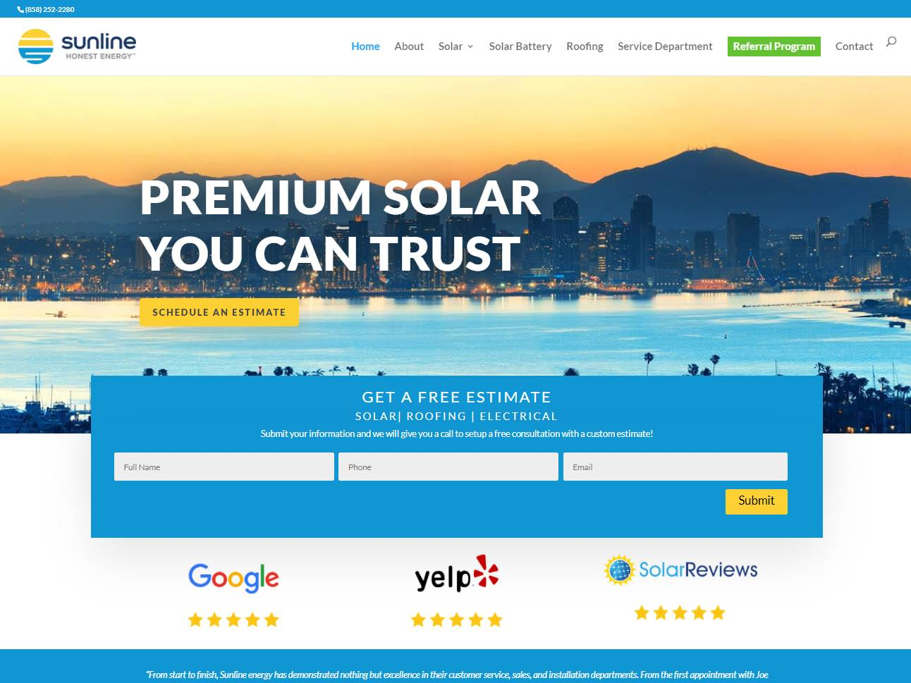 Screenshot of the Sunline Energy San Diego: Solar, Roofing and Home Energy Services website