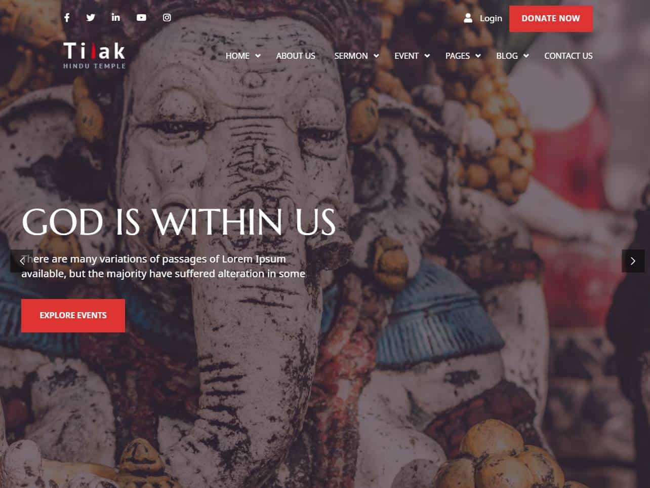 Screenshot of the Tilak | Hindu Temple WordPress Theme website