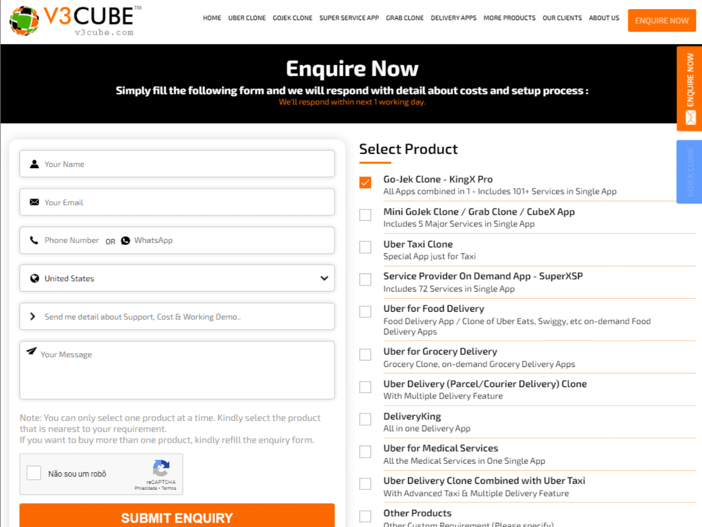 Screenshot of the V3cube website