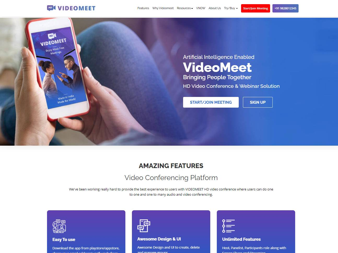 Screenshot of the VideoMeet: Online Meetings and Webinars from Jaipur website
