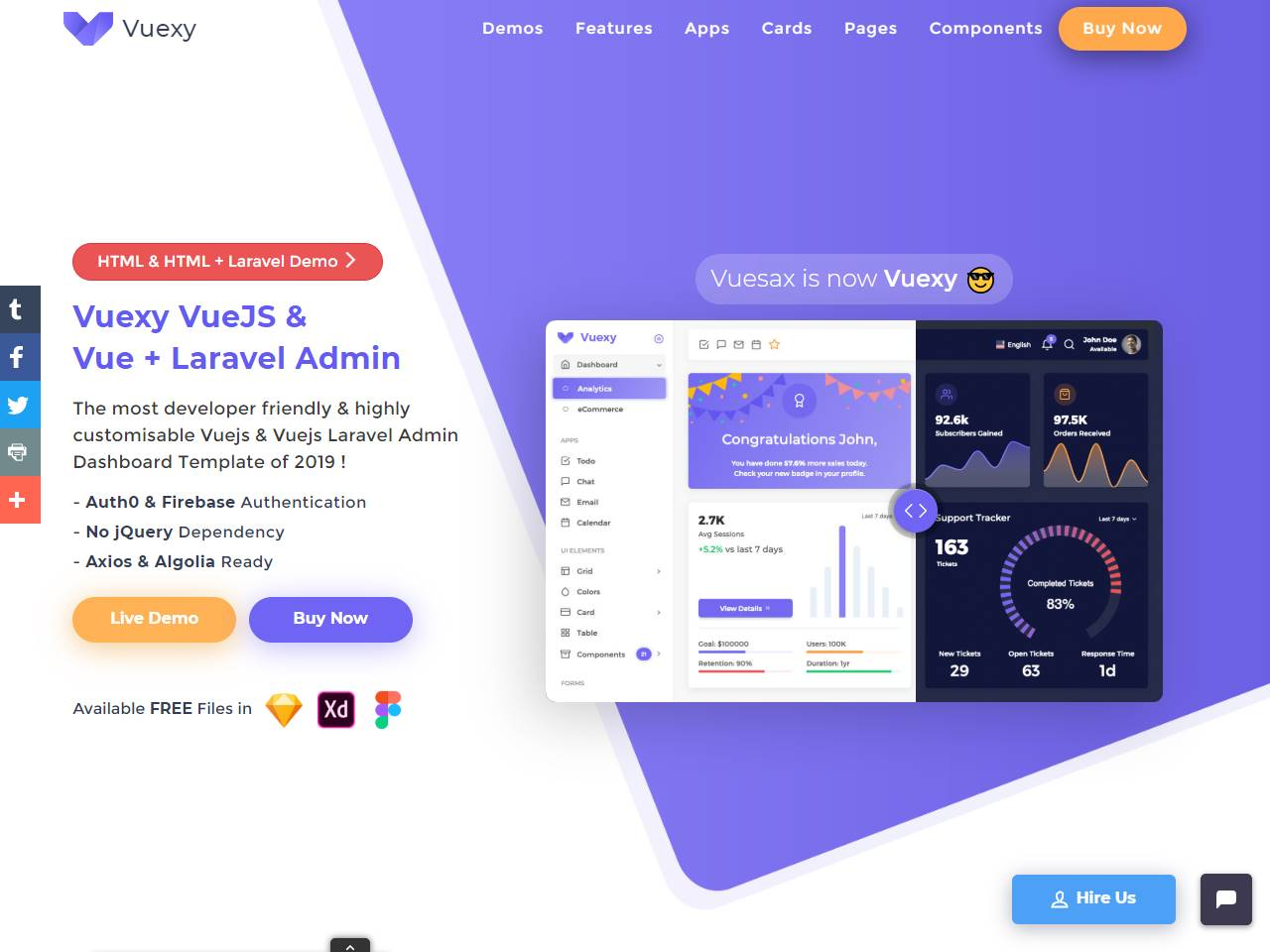 Screenshot of the Vuexy Vuejs HTML Admin Dashboard Template website